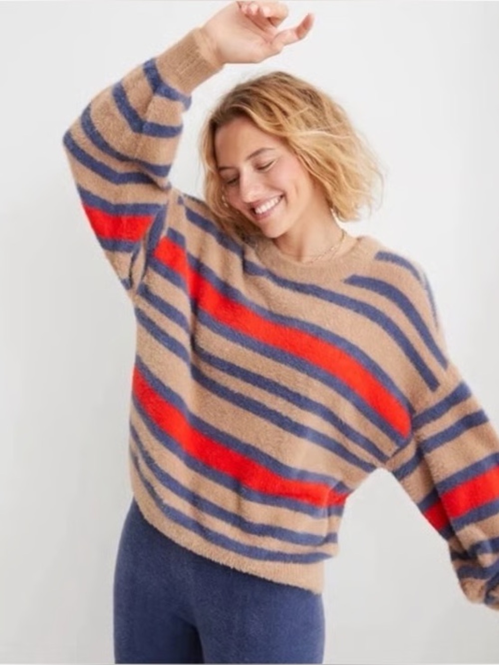 aerie Striped Scoopneck Sweater - Tan, Blue & Red